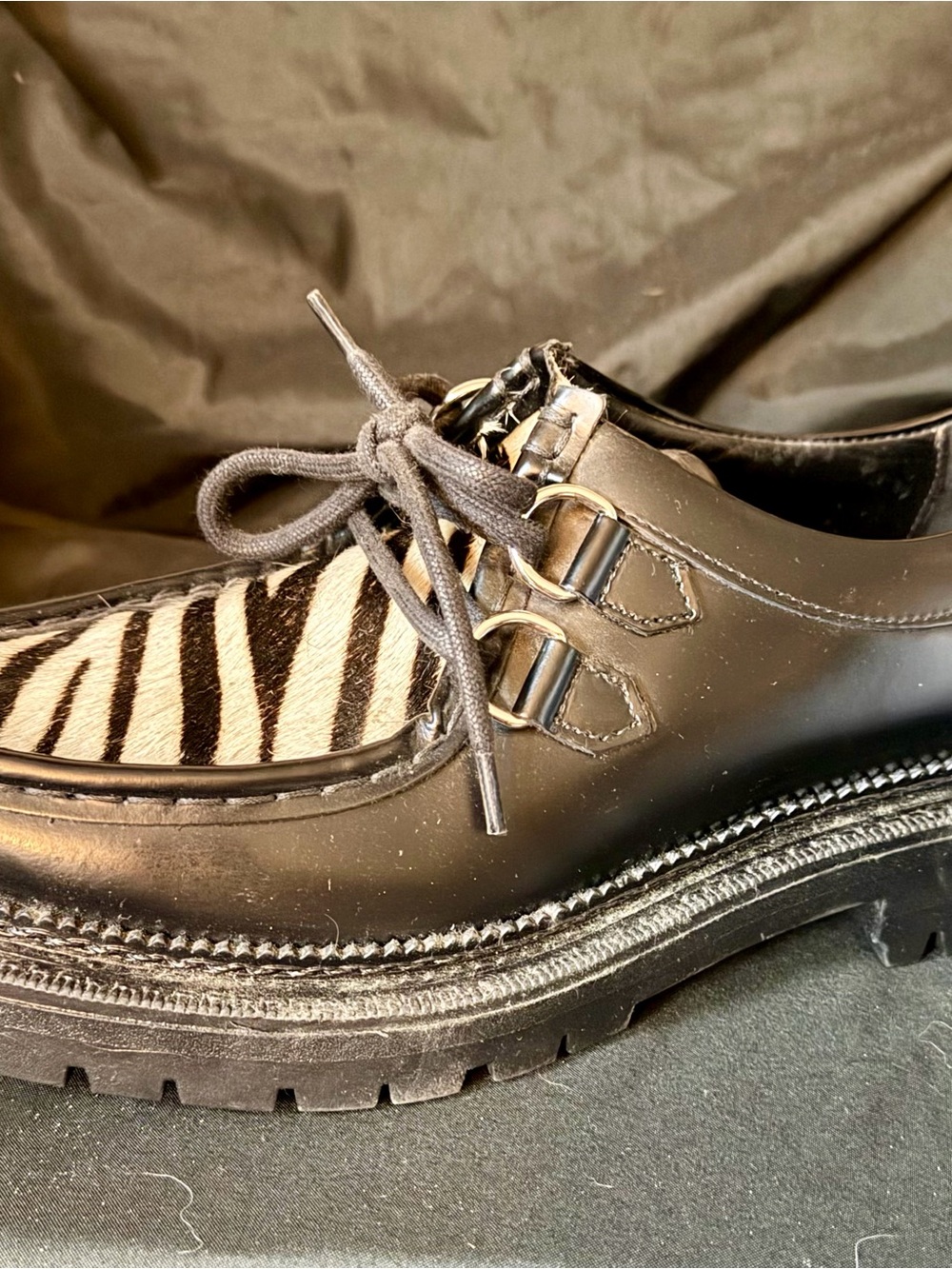 Zara Black Leather Loafers with Zebra Hair-Detail